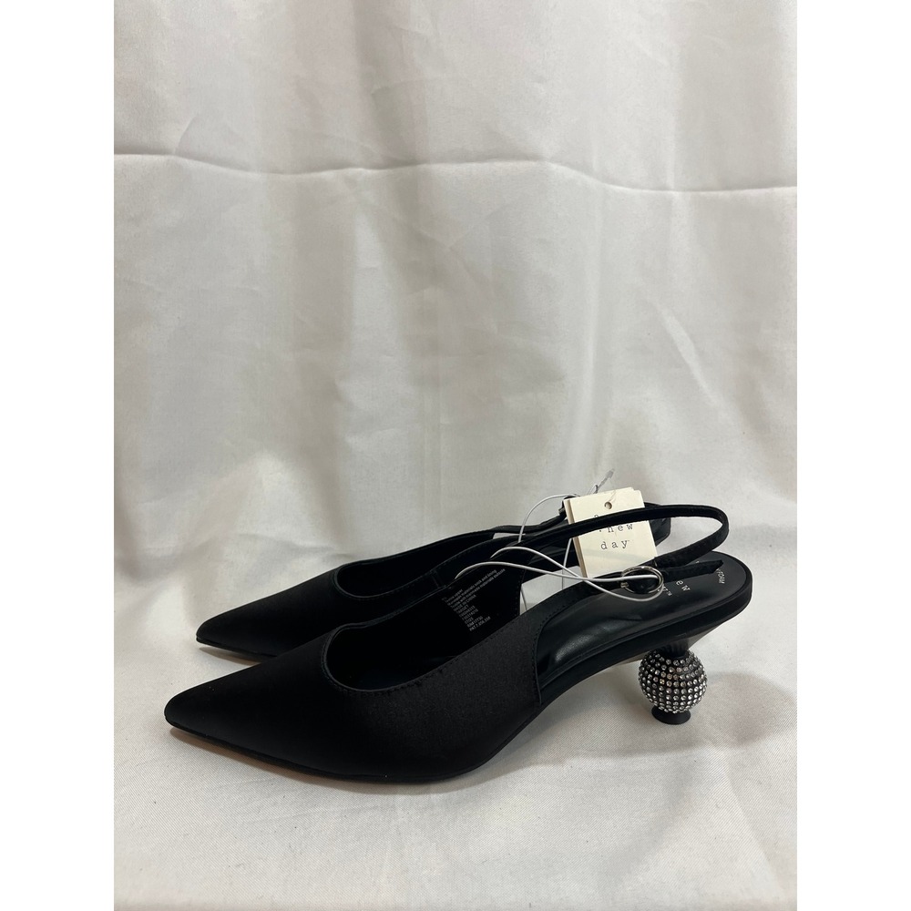 A New Day Womens Black Satin Slingback Pointed Toe Rhinestone Orb Heel Pumps 8.5 - Picture 1 of 6